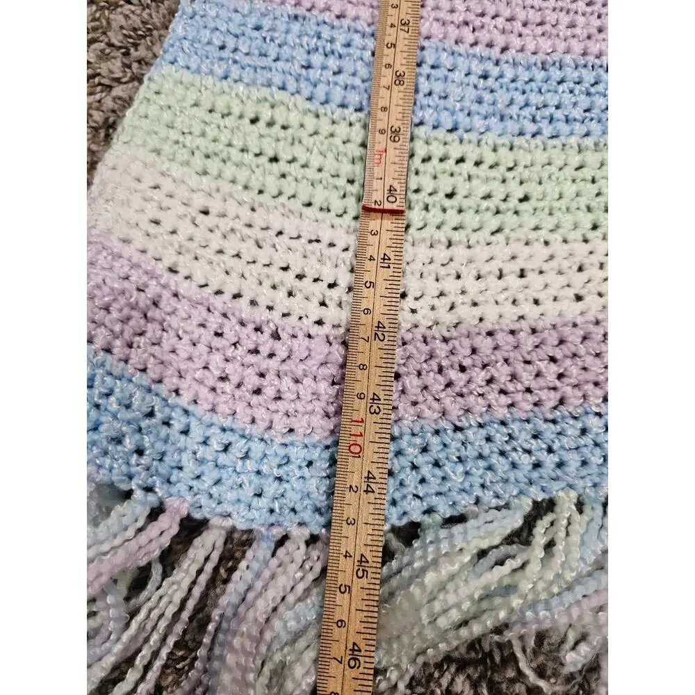 Vintage handmade crochet baby blanket Pastel Striped Fringe Hem Cottagecore